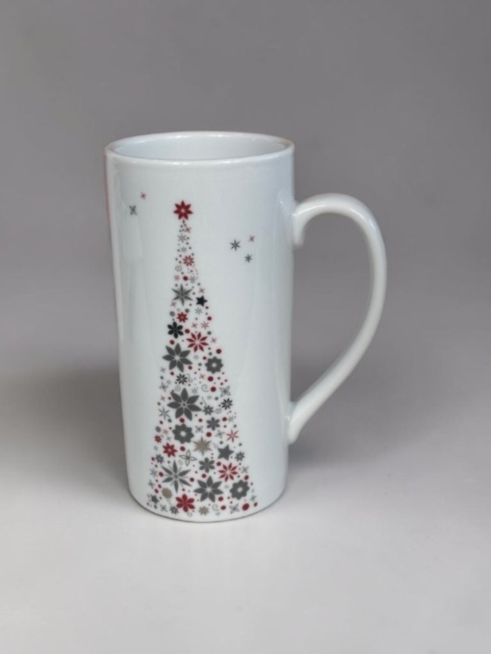 Tall Christmas Mug Red Gray Floral Tree Holiday Coffee Cup 6”